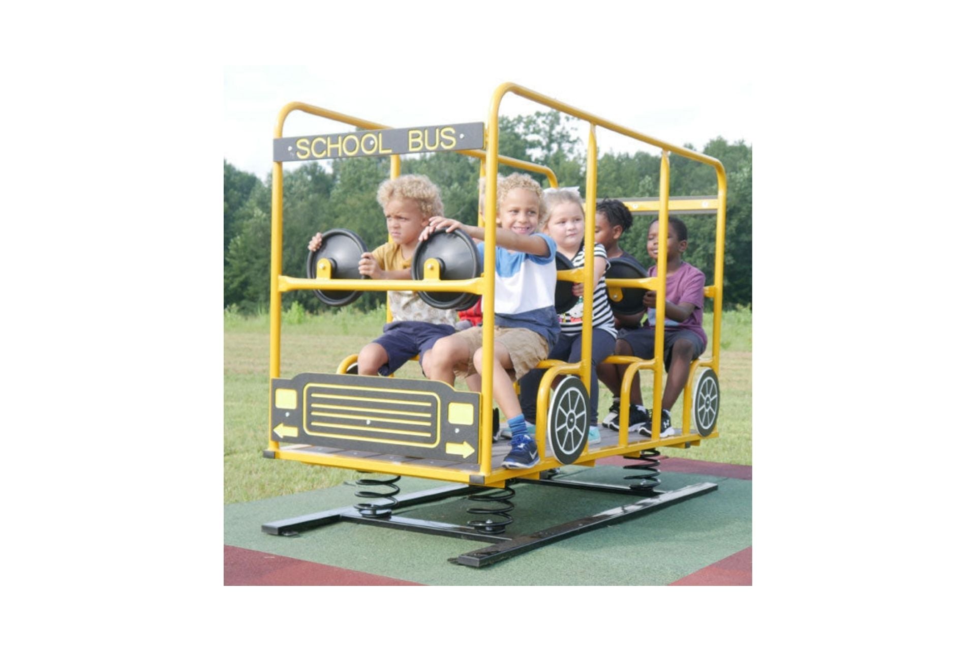 Rockin Time School Bus Multi Passenger Spring Rider with five children playing on yellow playground equipment outdoors