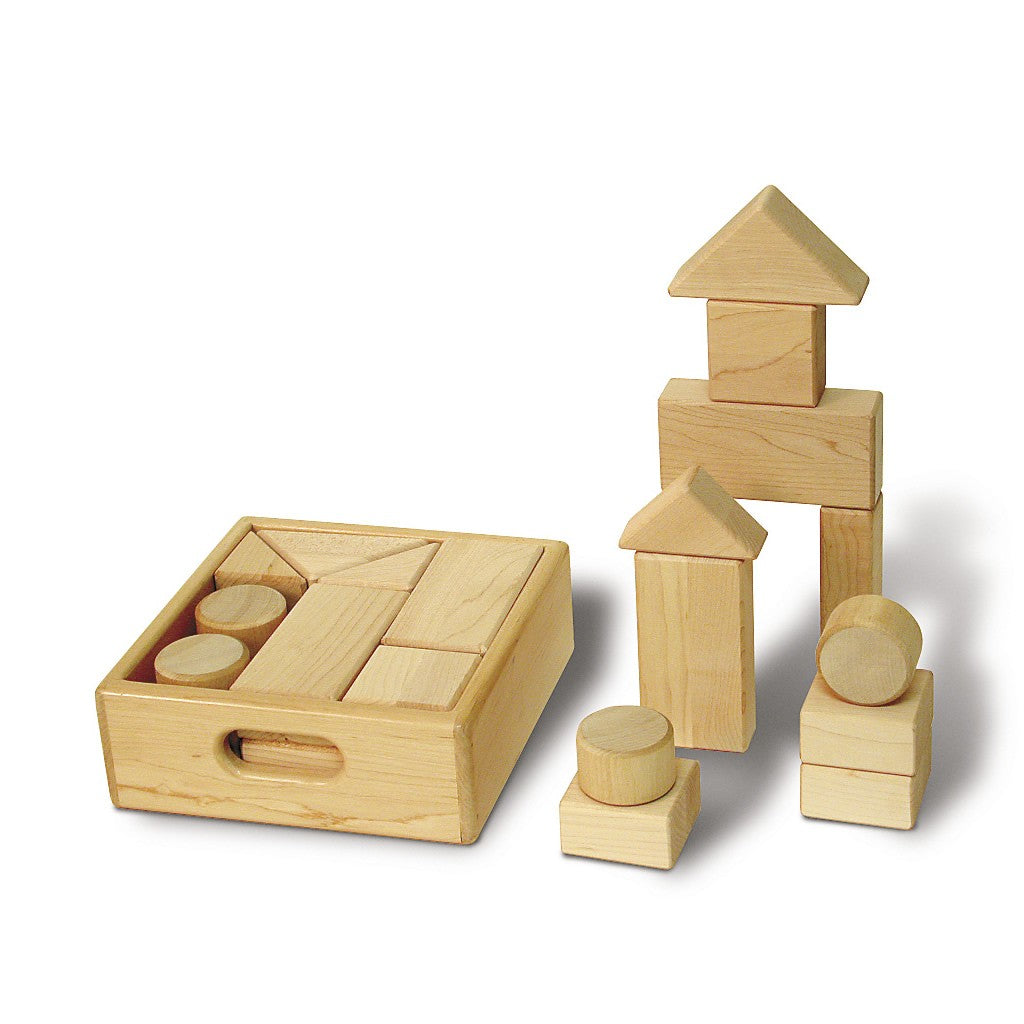 First Building Blocks set with 15 natural hardwood toddler blocks and easy-grip wooden storage case for grasping and stacking skills development