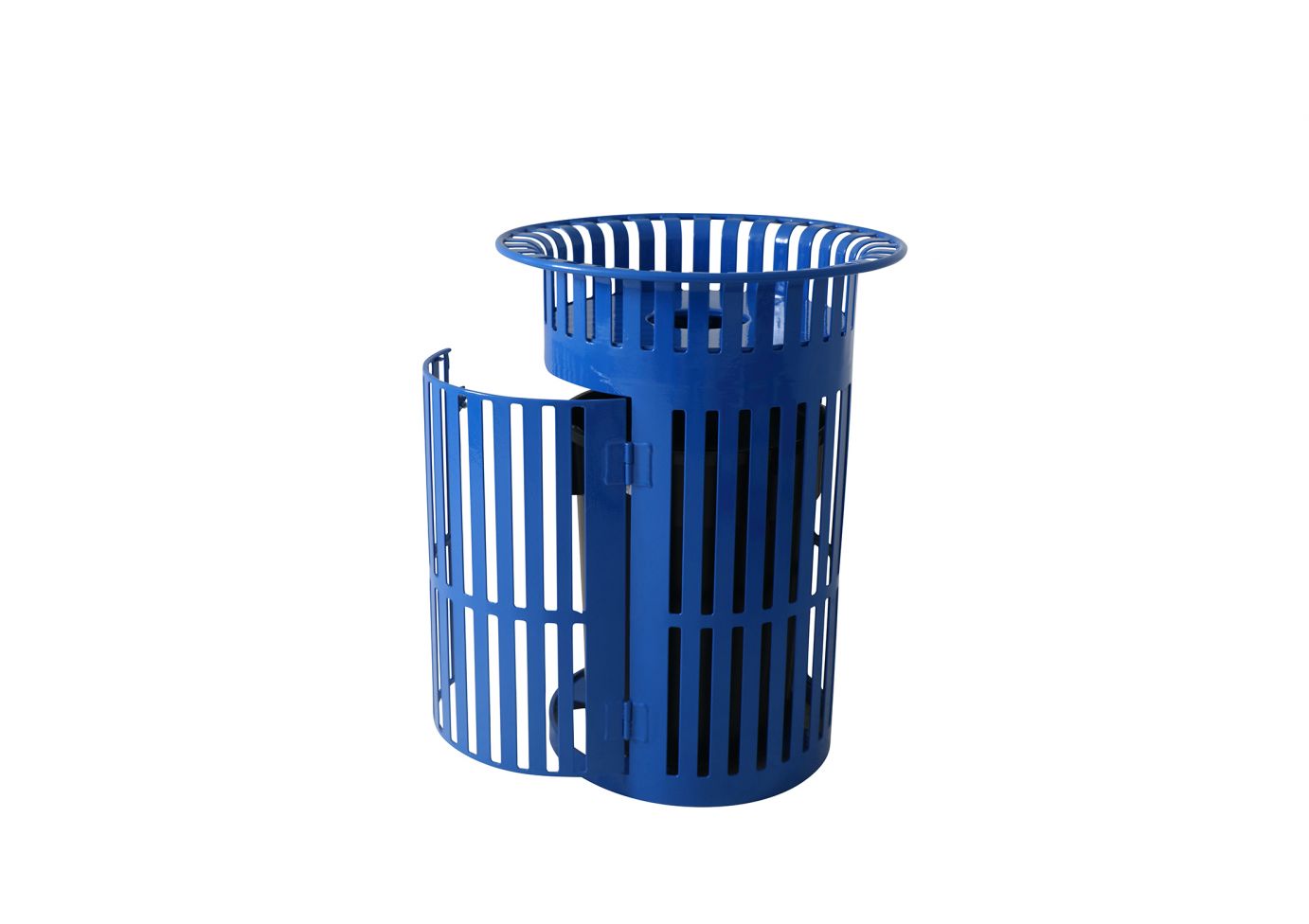 Blue powder-coated metal trash receptacle with vertical slats and open swing door revealing liner access