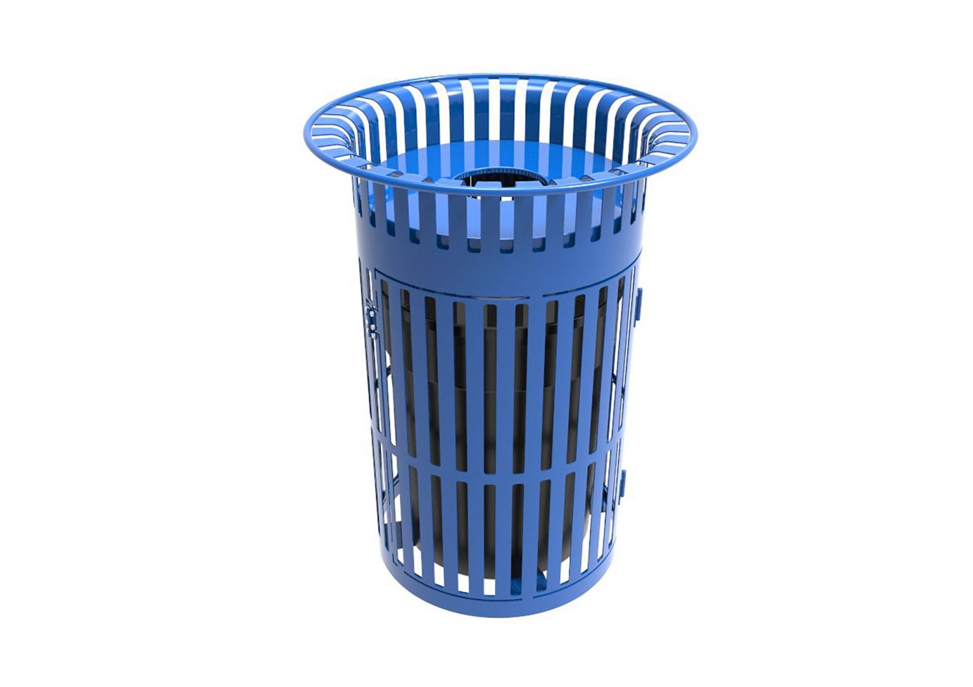 Swing Door 32 Gallon Receptacle with Lid & Liner, blue powder-coated metal trash bin with vertical slats and swing door access latch