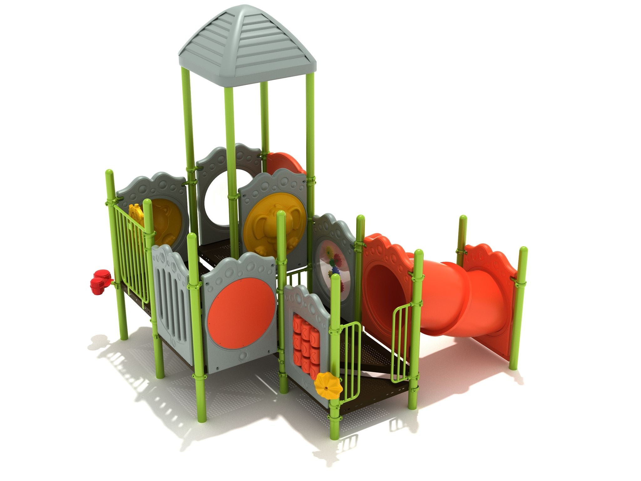 Compact children's playground with green posts, gray animal and gear panels, and an orange crawl tube slide