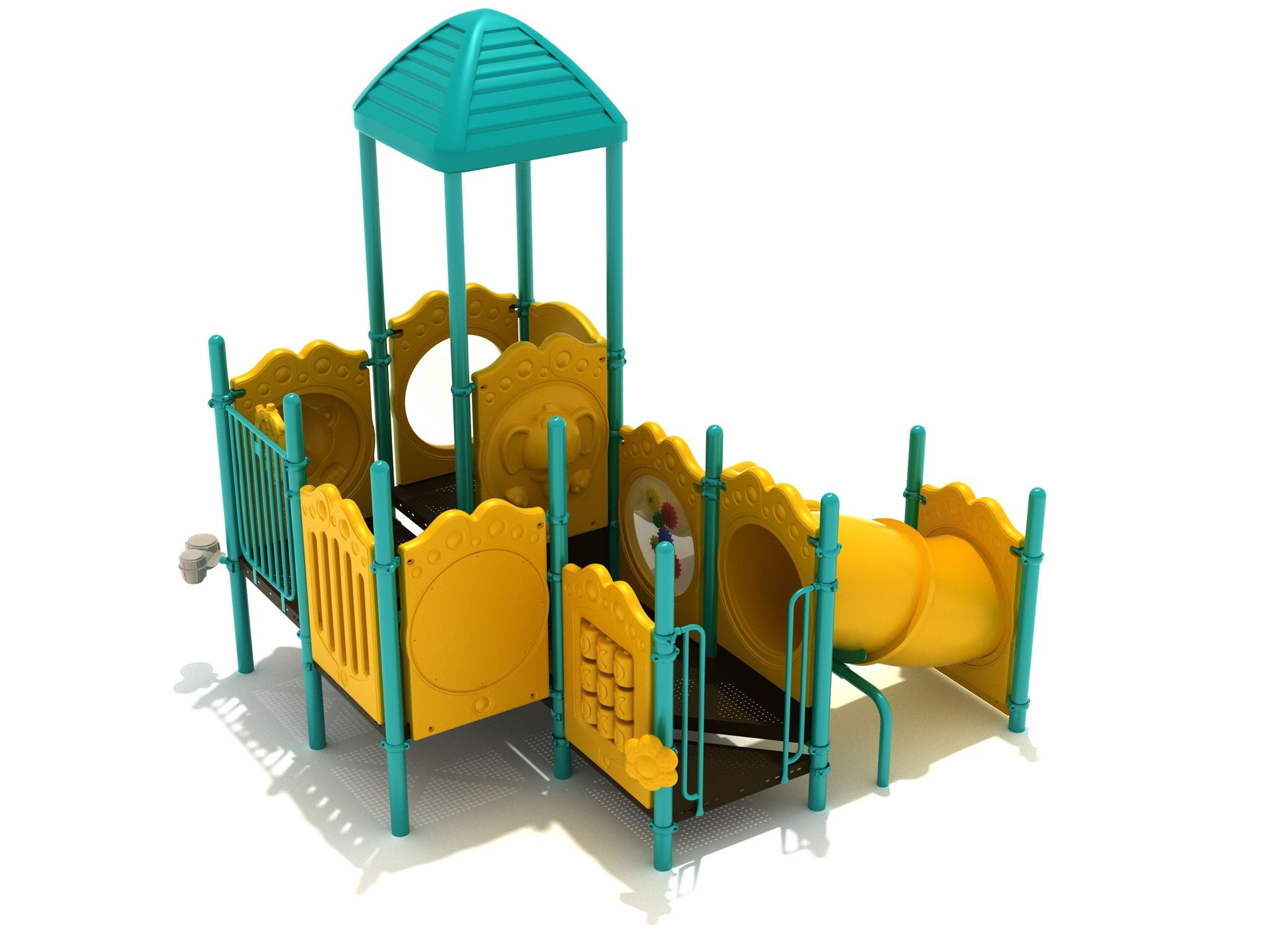 Compact playground structure with teal posts, yellow interactive panels, covered platform, and yellow tube slide