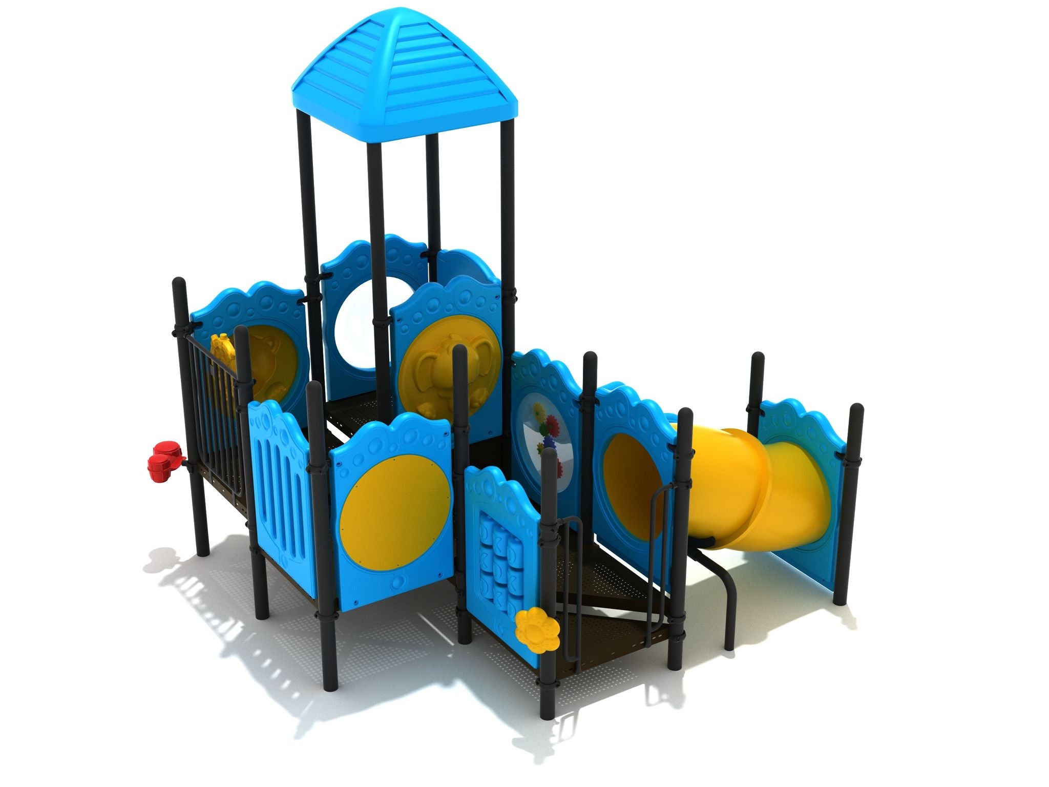 Compact blue and yellow playground structure with interactive panels, crawl tube, and small slide for young children