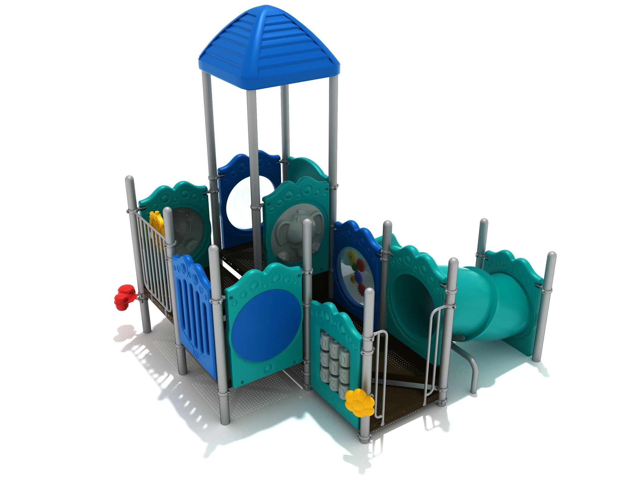 Compact children's playground with blue roof, teal panels, interactive play elements, and tunnel slide