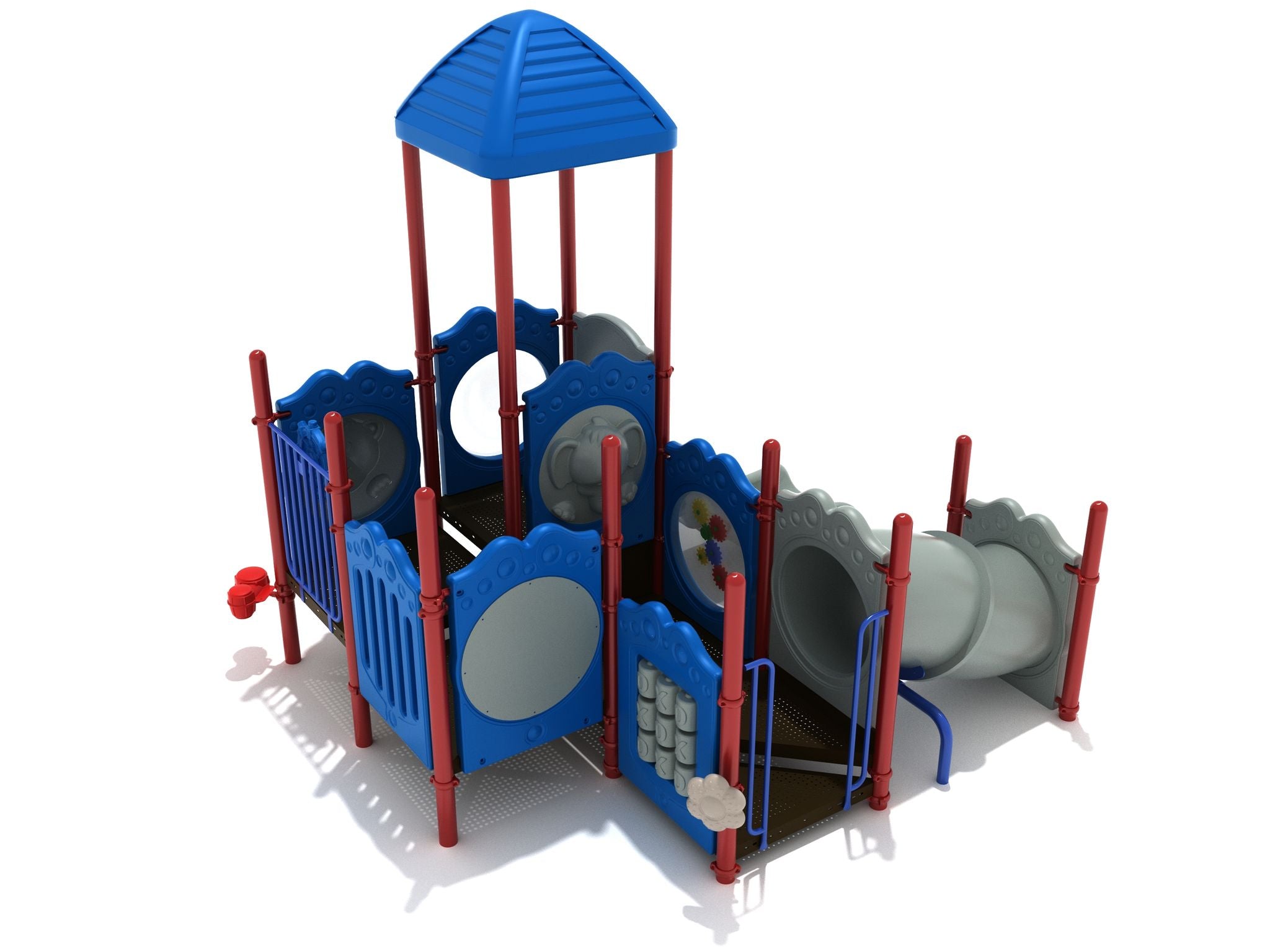 Stamford Playground with blue panels, red posts, covered platform, crawl tube, and interactive play panels including Tic-Tac-Toe and Maze
