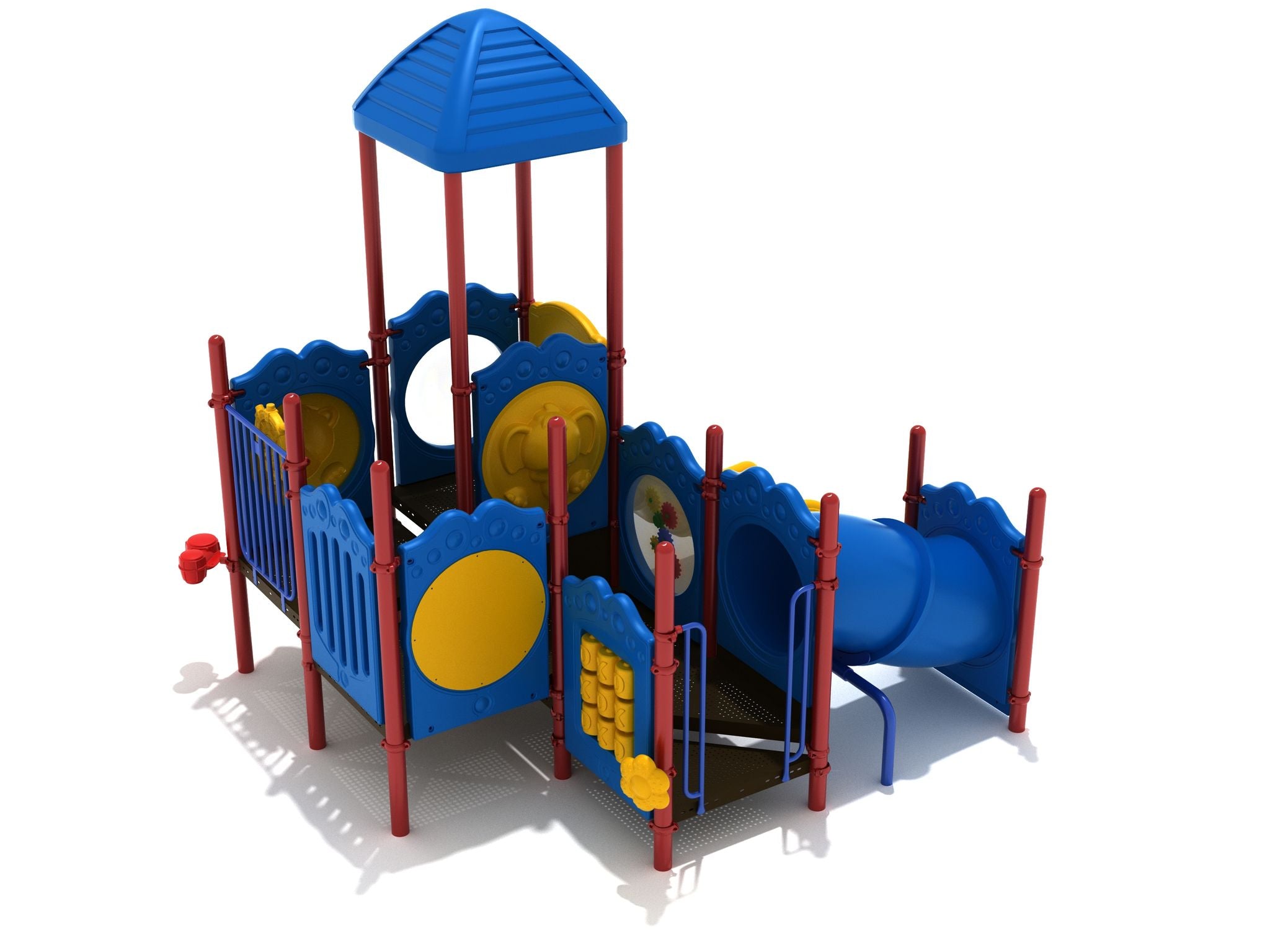 Compact children's playground with blue and yellow panels, red posts, slide, crawl tube, and interactive play panels including Tic-Tac-Toe and maze.