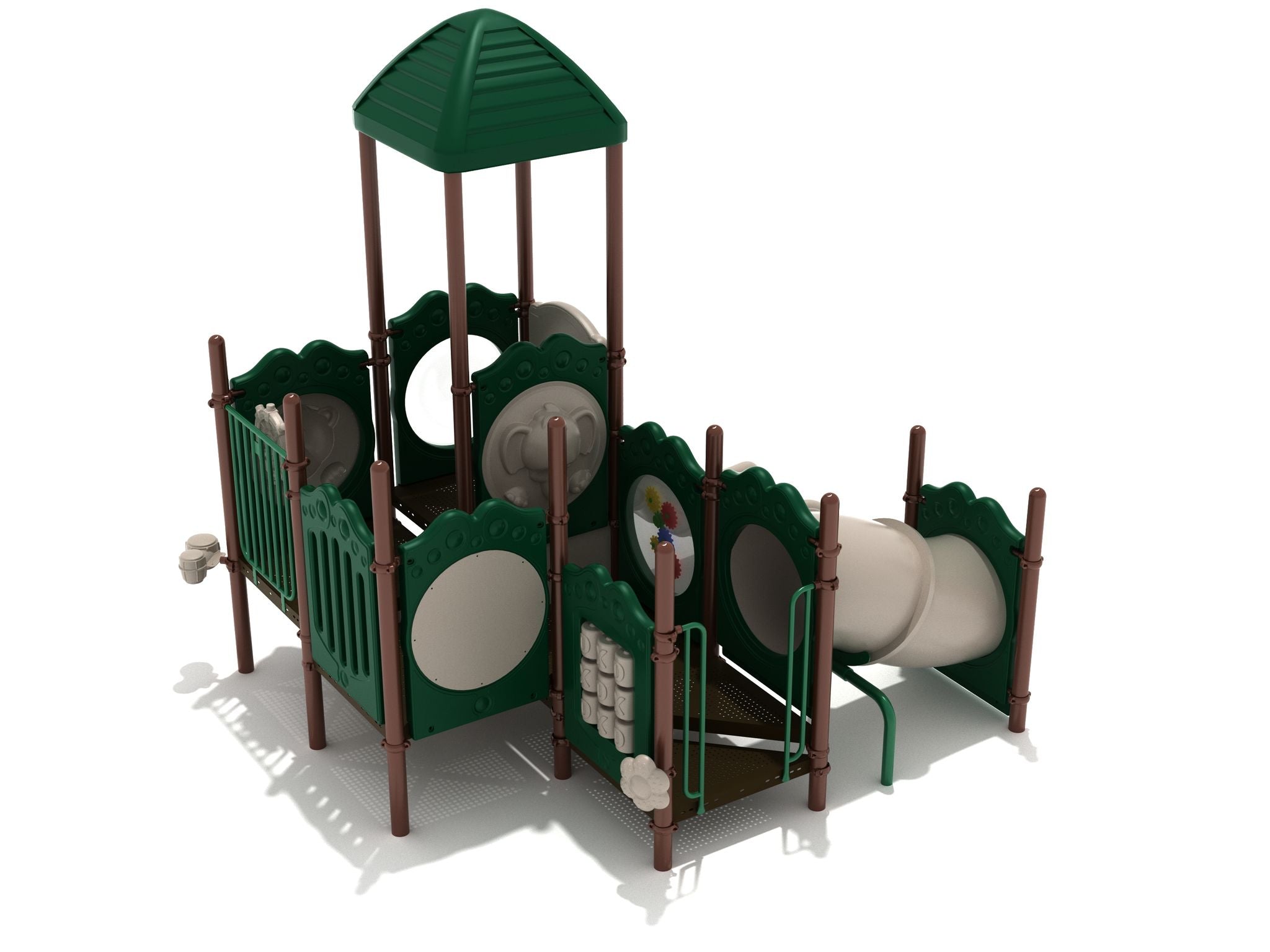 Compact playground structure with green panels, brown posts, roofed platform, interactive play panels, and beige crawl tube slide