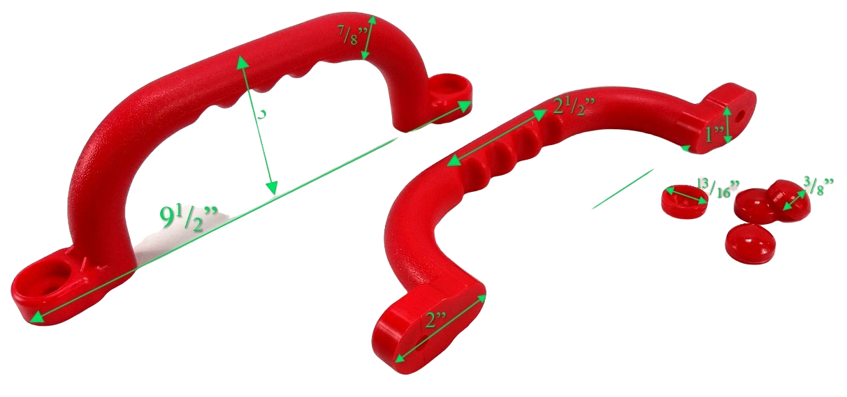 Pair of red child-scale safety hand grips with finger indentations and mounting holes for playground climbing equipment.