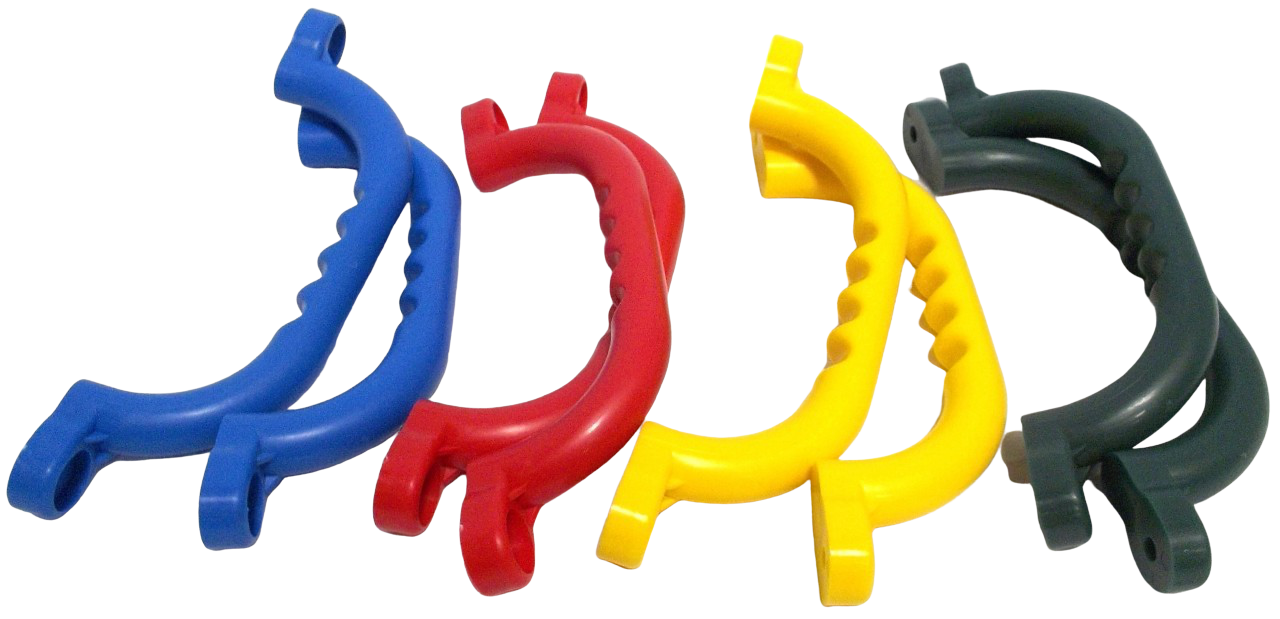 Short Hand Grips in blue, red, yellow, and black with finger indentations for swing set safety and climbing aid