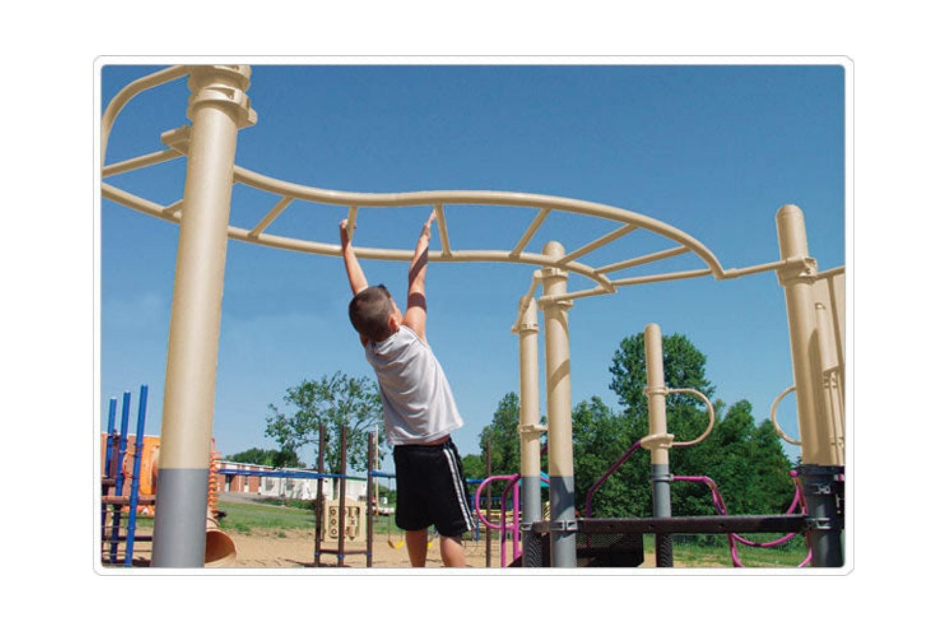 Child climbing curved beige metal bars on outdoor playground under clear blue sky, S Horizontal Ladder Challenge climbing equipment