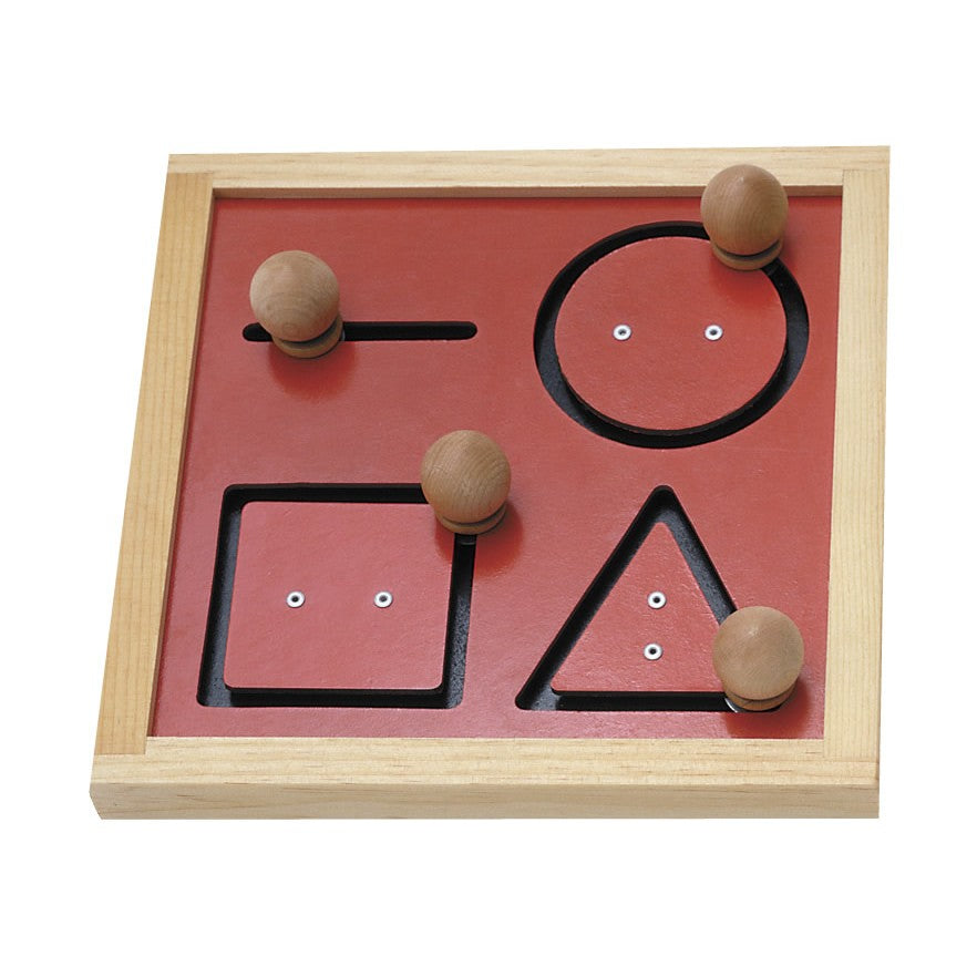 Geometric Tracking Board with wooden knobs on red base featuring circle, square, triangle, and line shapes for tactile learning and fine motor skill development