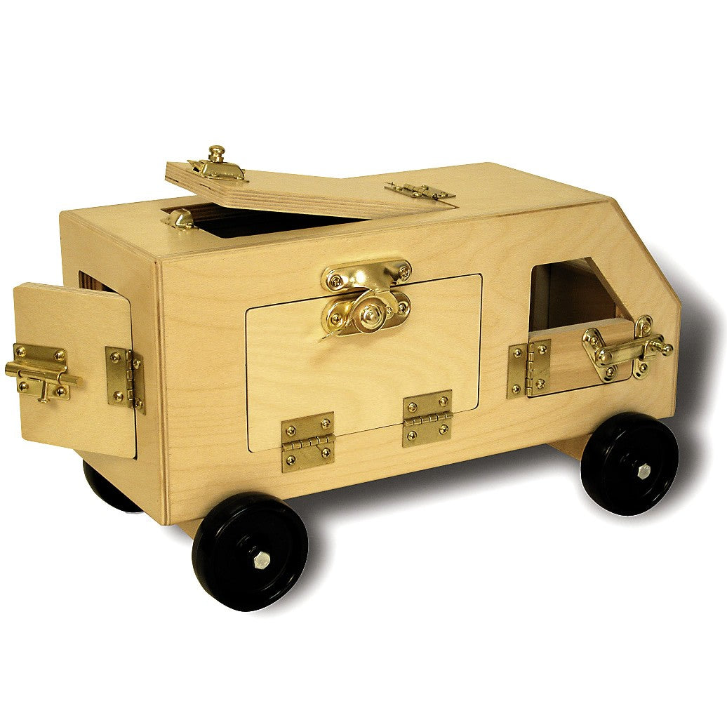 Lock Up Van wooden toy with six brass latches and doors on black wheels for imaginative play and dexterity development