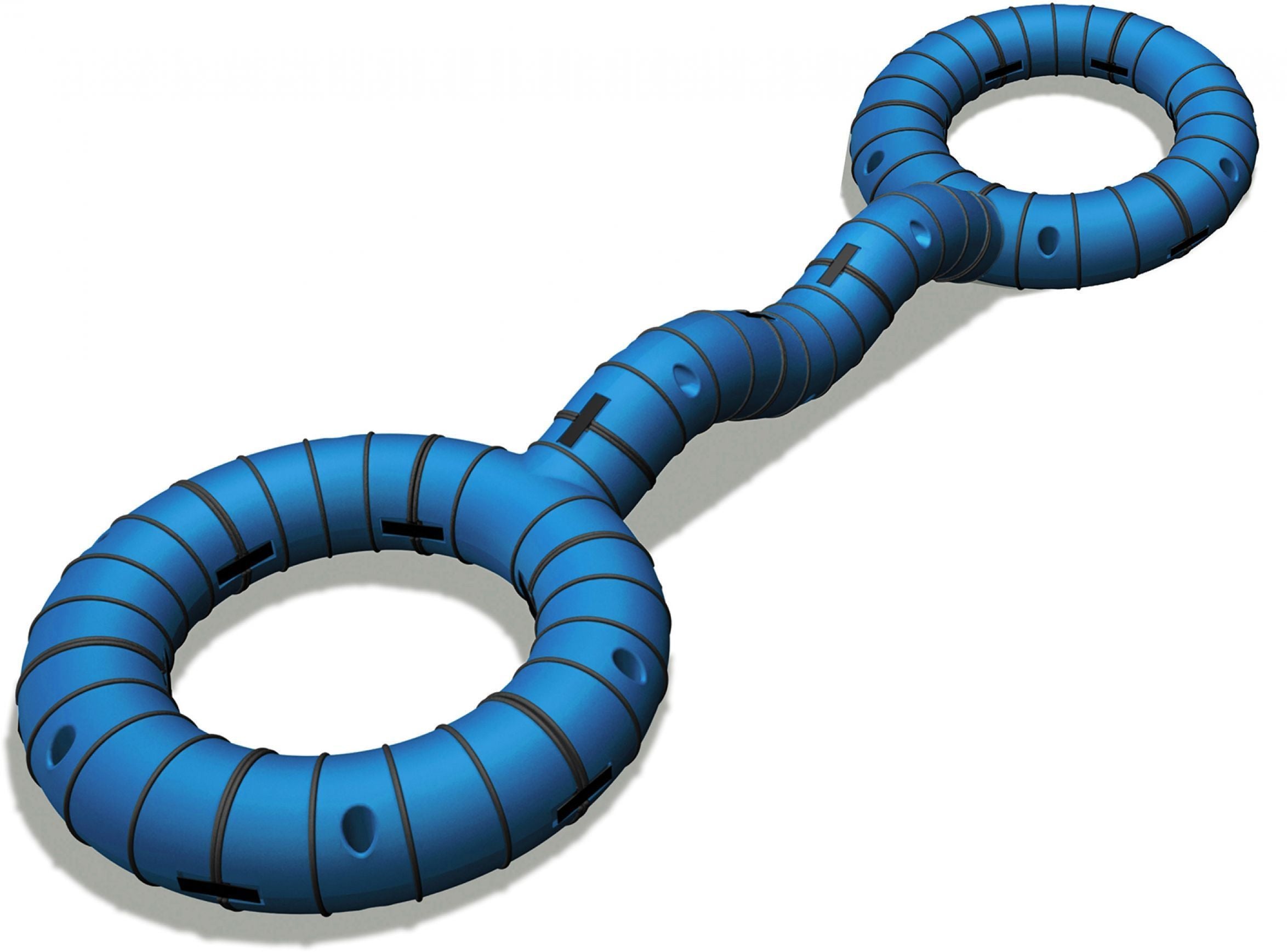 Blue modular outdoor play structure with two large circular loops connected by a curved tube, featuring grip holds and connectors.