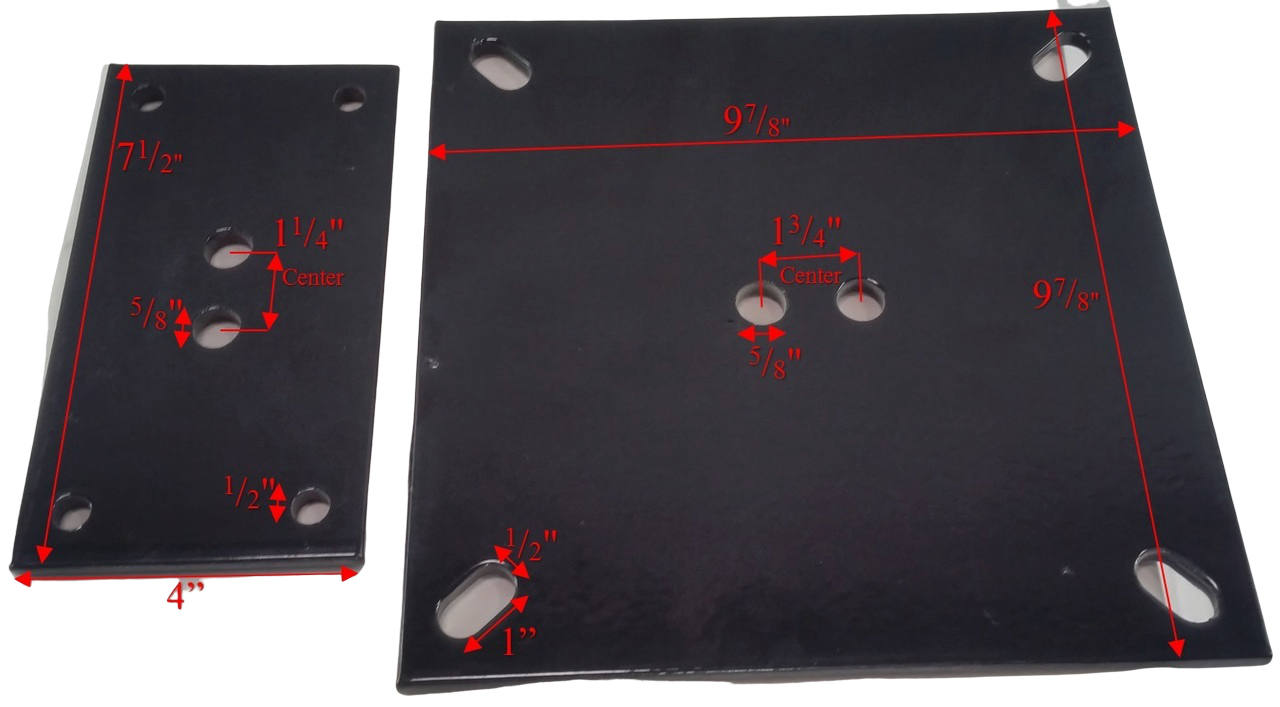 Overhead view of two black metal mounting plates with multiple drilled holes and red measurement markings