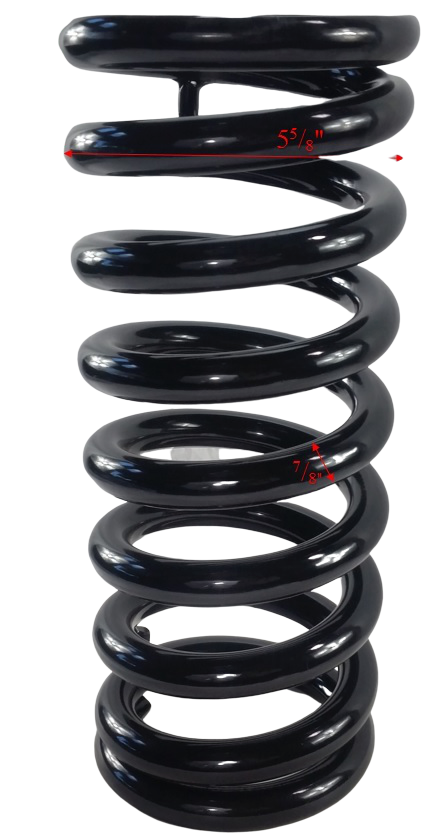 Black heavy-duty coil spring with red measurement markings on the coils, designed for durable playground hardware.