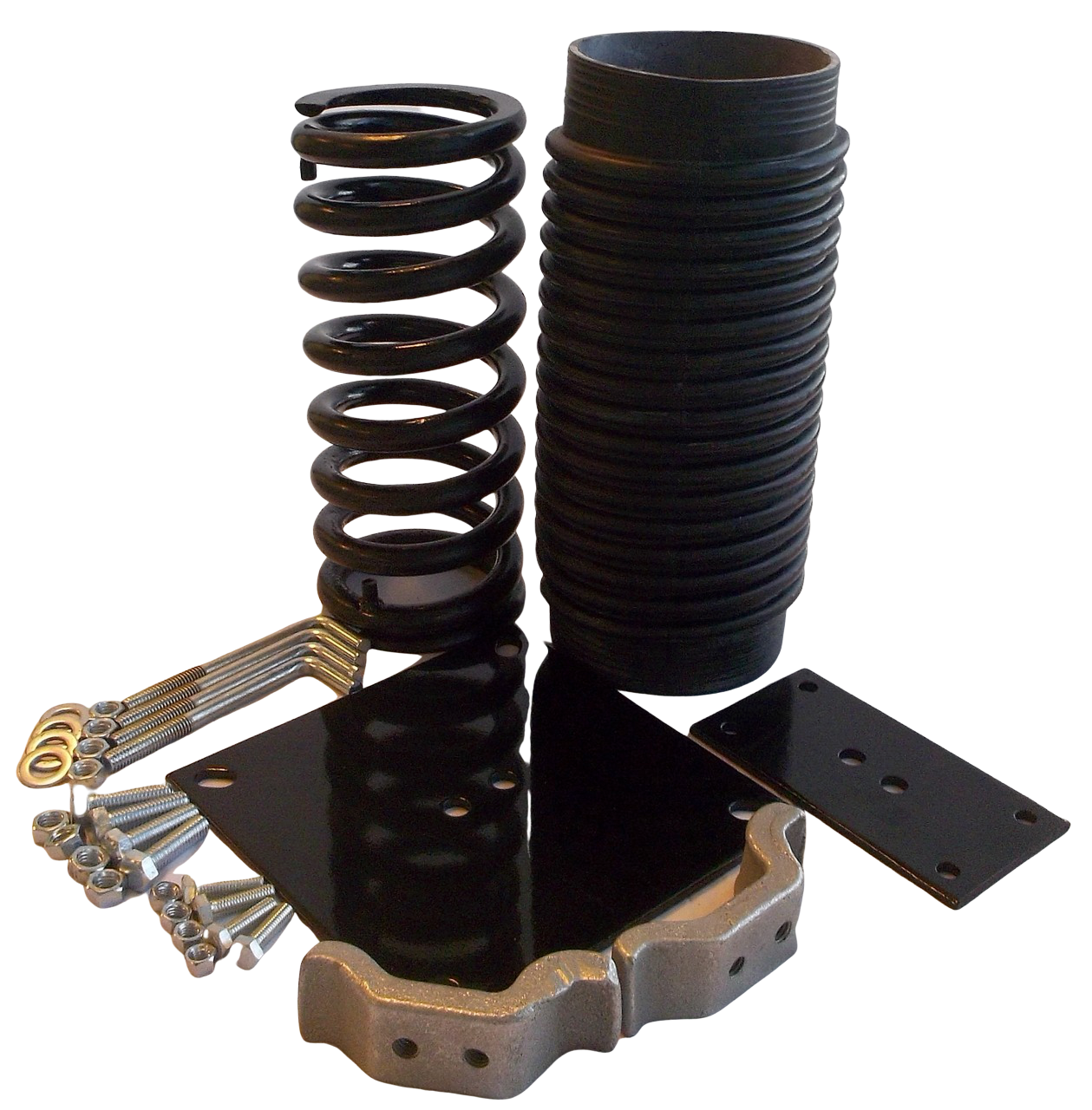 Coiled metal spring with black rubber boot, metal mounting plates, and assorted bolts for playground spring rider hardware