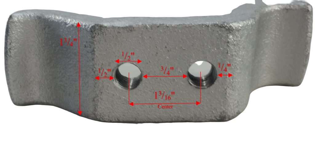 Metal replacement casting for spring animal rider with two threaded holes and textured surface.