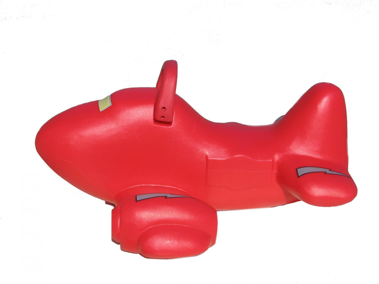 Bright red roto molded spring ride airplane with gray lightning bolt decals and a handlebar seat