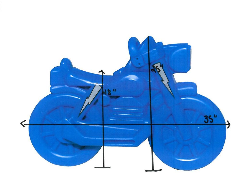 Bright blue roto molded polyethylene spring ride motorcycle with lightning bolt decals and enclosed rubber spring for smooth motion.