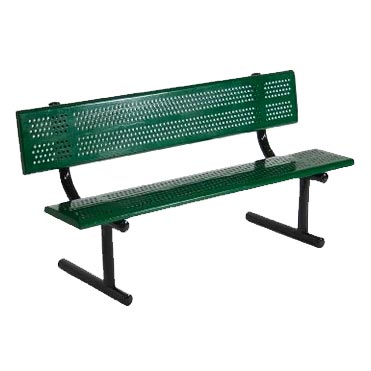 Beveled Perforated Steel Park Bench with Back in green, durable outdoor seating with perforated design and rolled edges