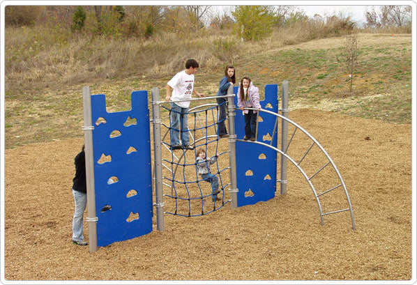 Outdoor playground climber with blue climbing walls, net climber, and metal arch ladder, children actively playing