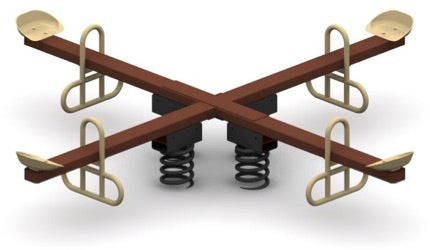 Brown four-seat in-ground spring rider with metal handles and seats designed for group playground play