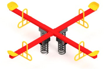 Four-seat in-ground spring rider with red beams, yellow seats, and handles designed for group play on springs