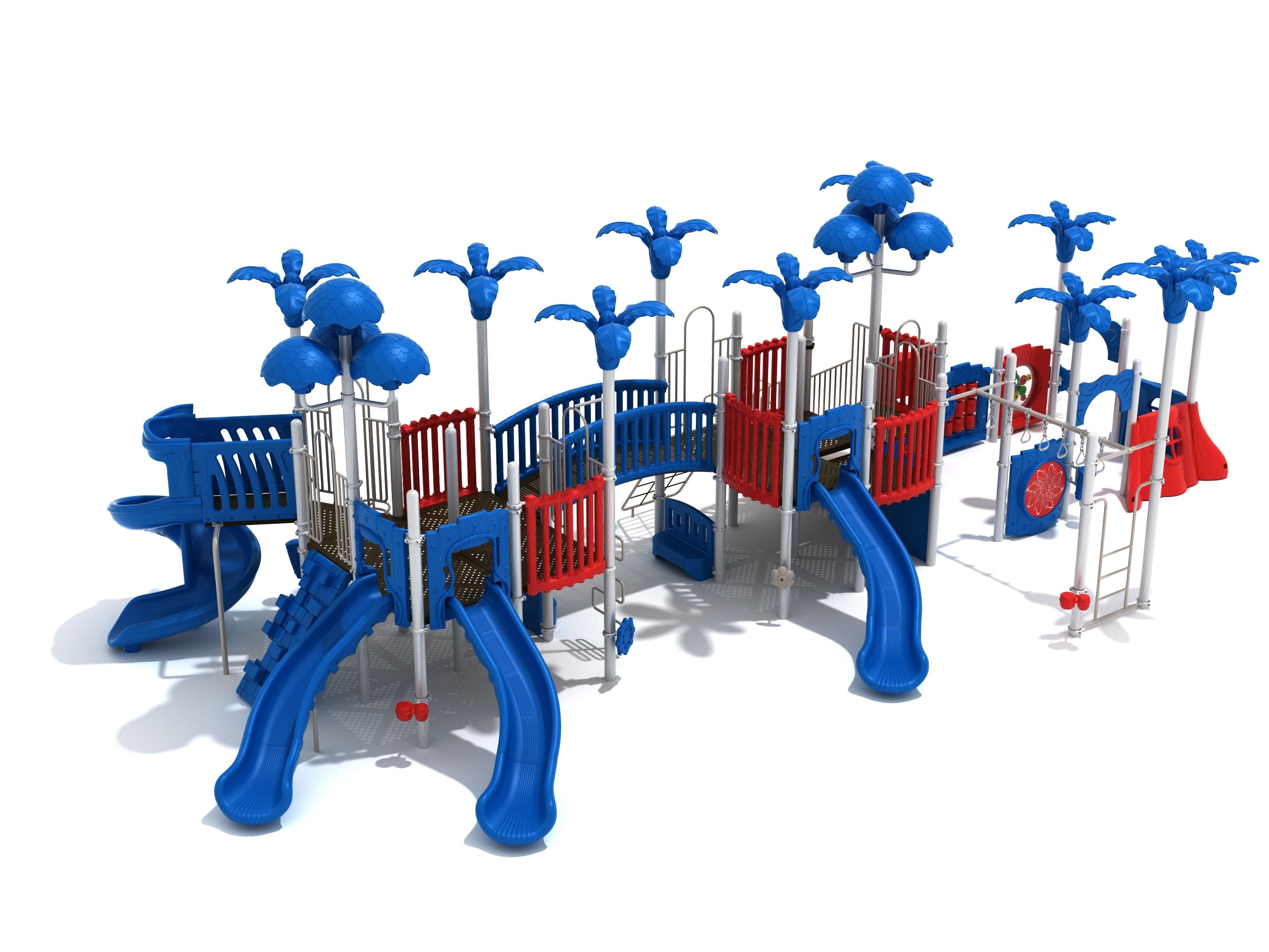Slithering Snake Playground with blue and red slides, climbing structures, palm tree canopies, and interactive play panels
