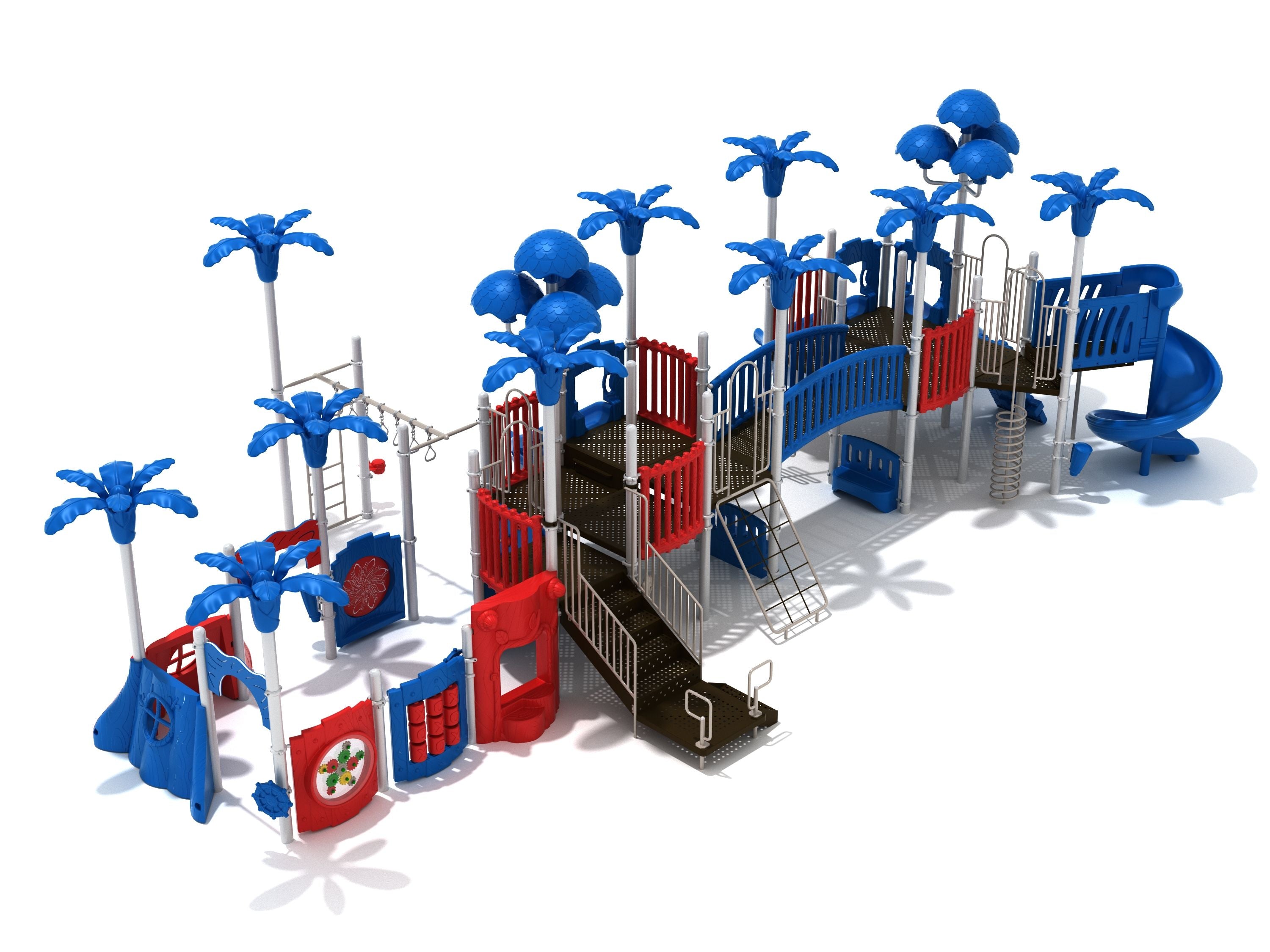 Colorful playground structure with slides, climbers, activity panels, and palm tree-shaped canopies in red, blue, and brown