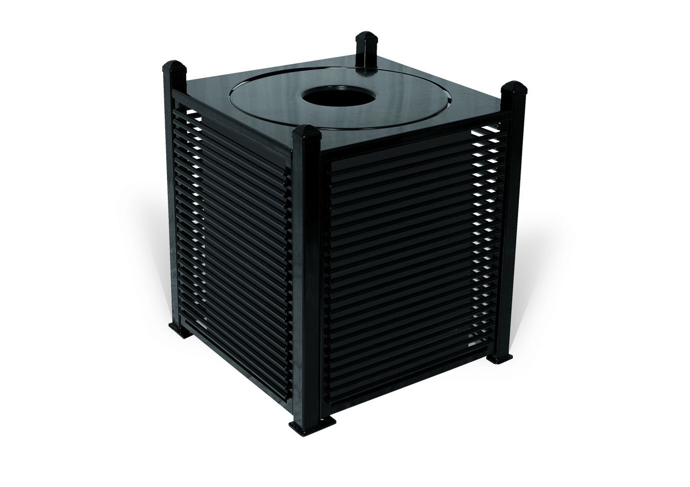 Palmetto Receptacle black steel rod outdoor trash receptacle with square top and circular opening, powder-coated finish