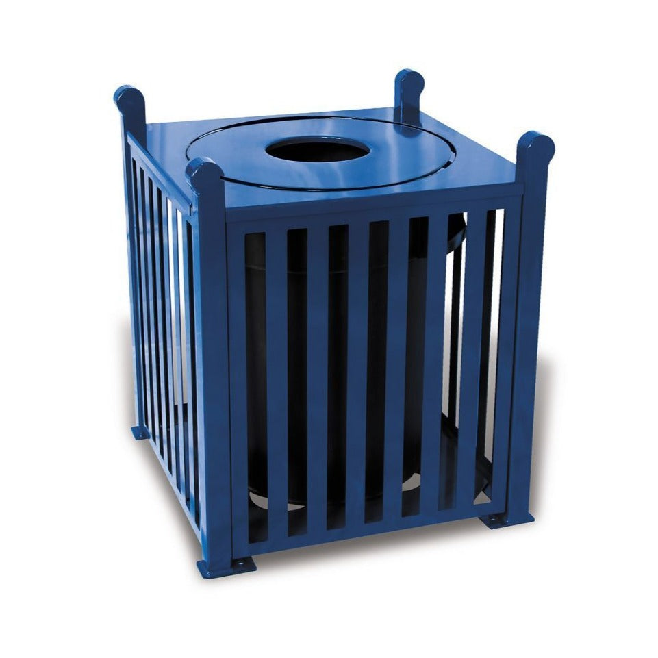 Savannah Receptacle park trash can with vertical slat design, blue thermoplastic finish, circular lid opening