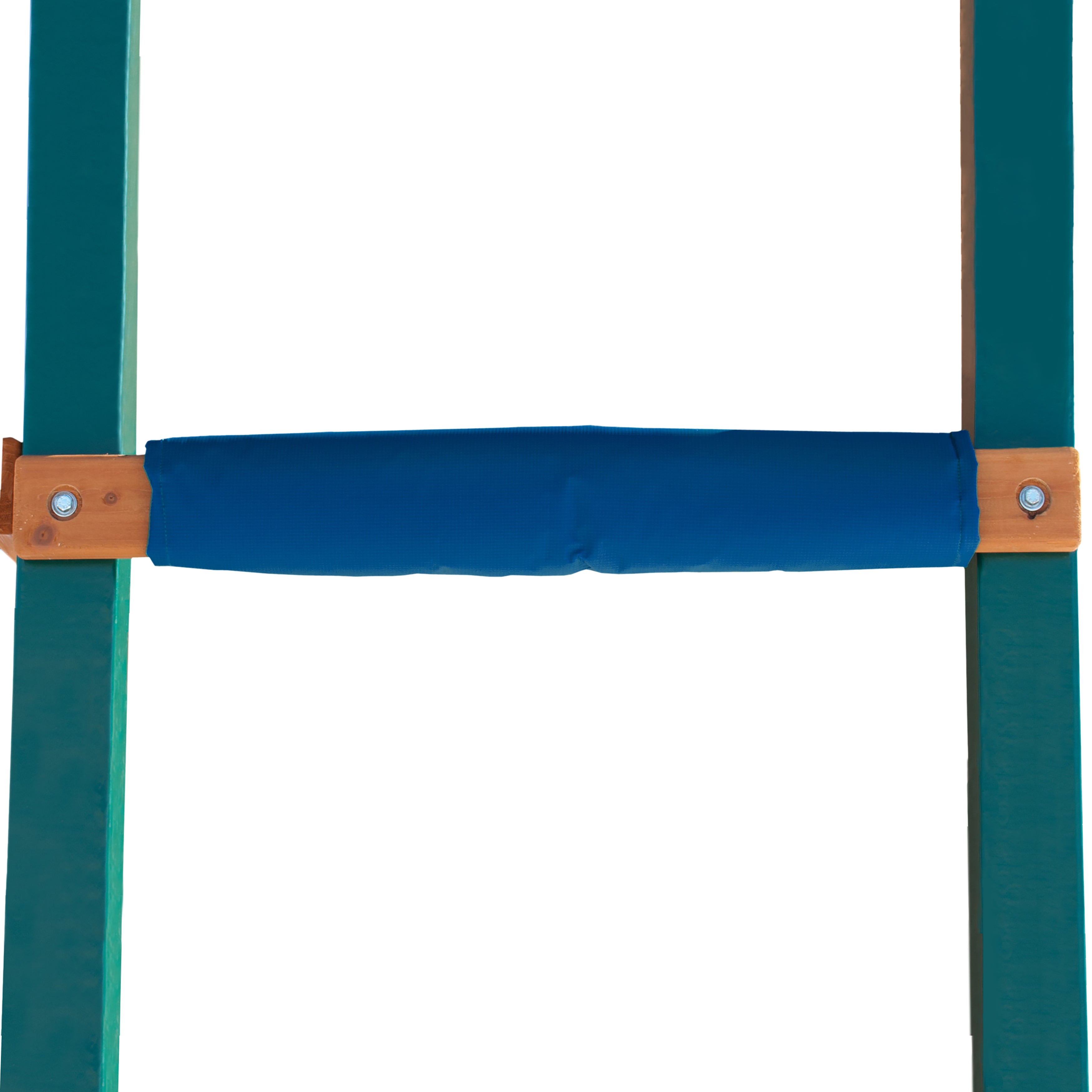 Blue foam safety bumper pad with marine-grade vinyl, attached to wooden swing set beam with green supports