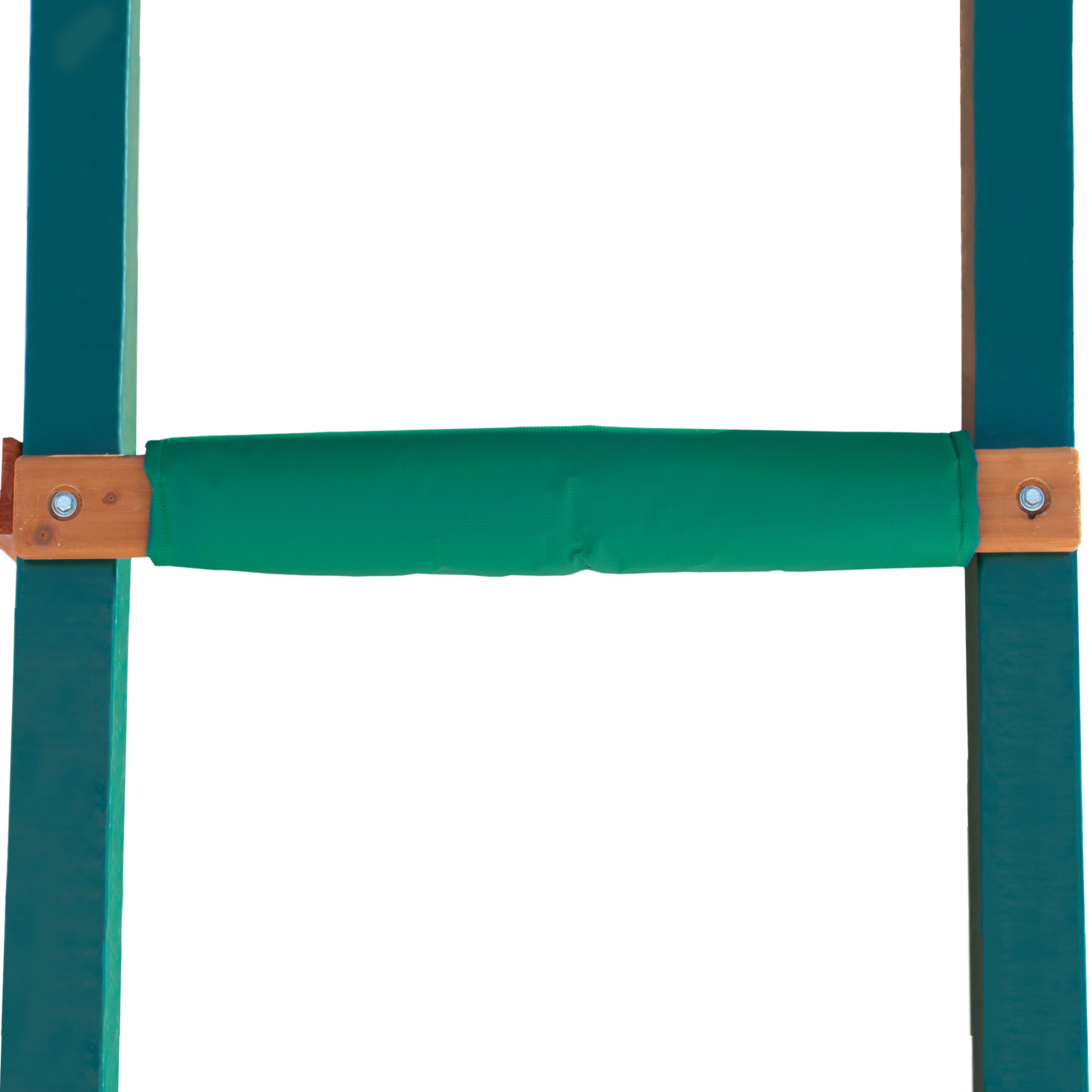 Green foam safety bumper pad with marine-grade vinyl, secured by straps and bolts to a wooden swing set beam