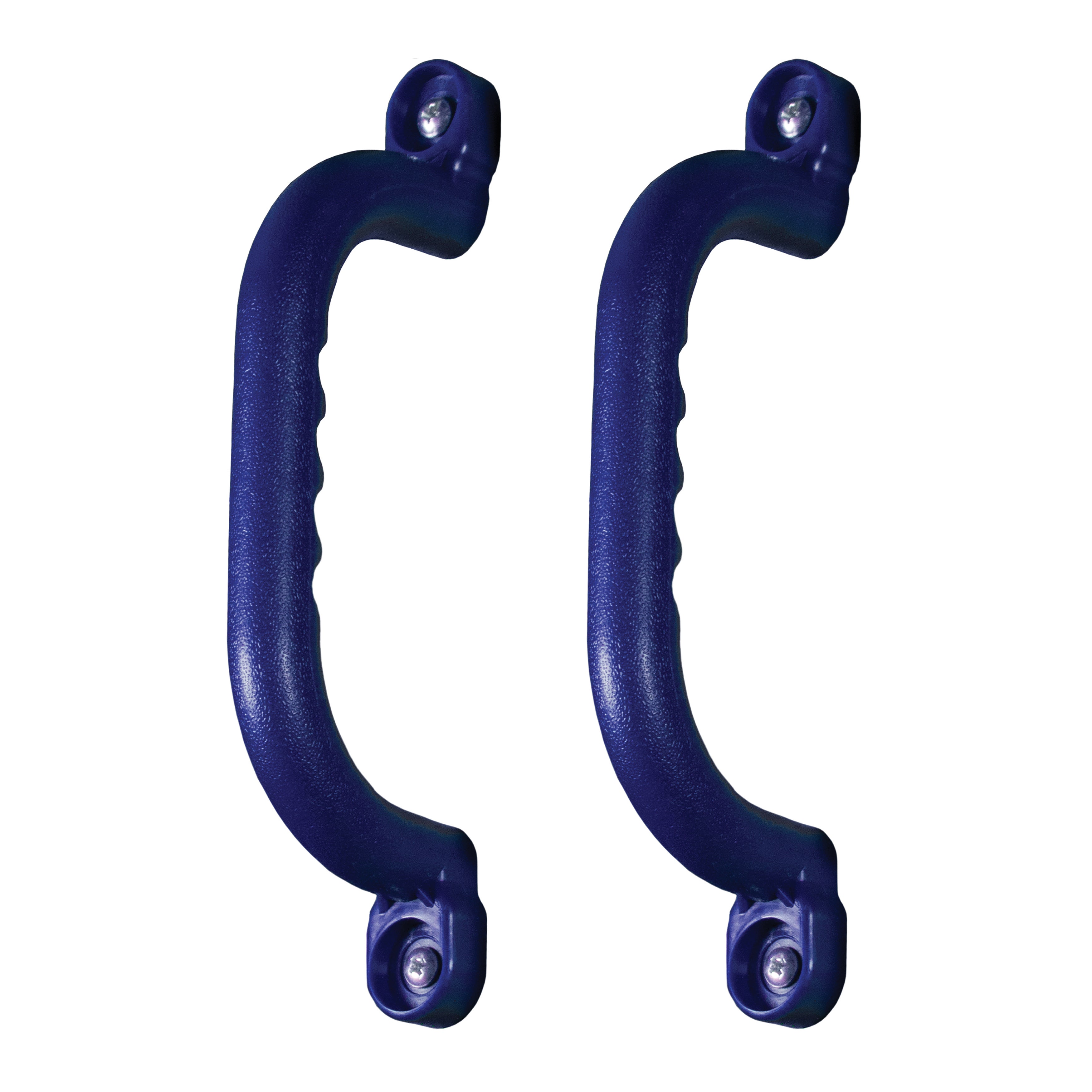 Pair of blue textured plastic safety handle grips with mounting screws for wood swing sets