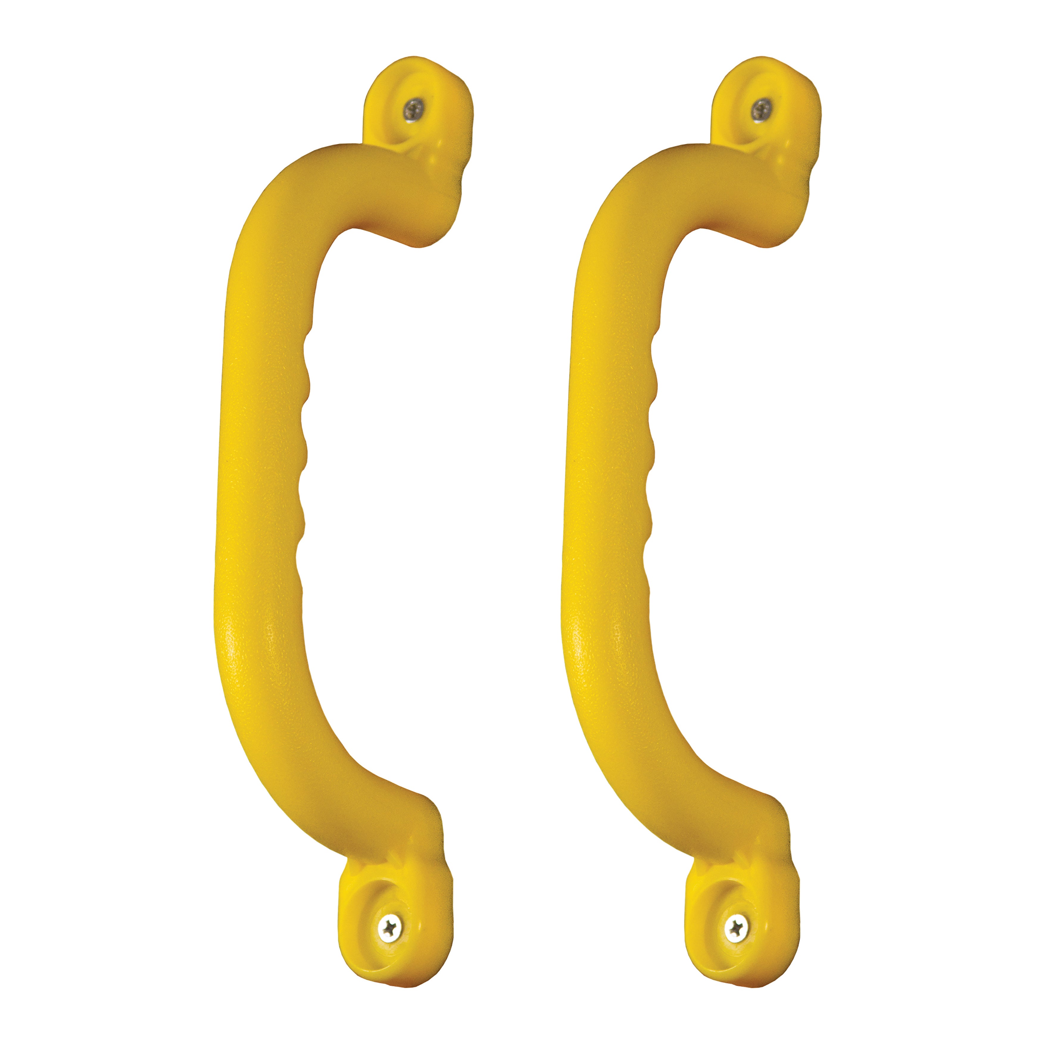 Pair of yellow plastic safety handle grips with mounting screws for wood swing sets