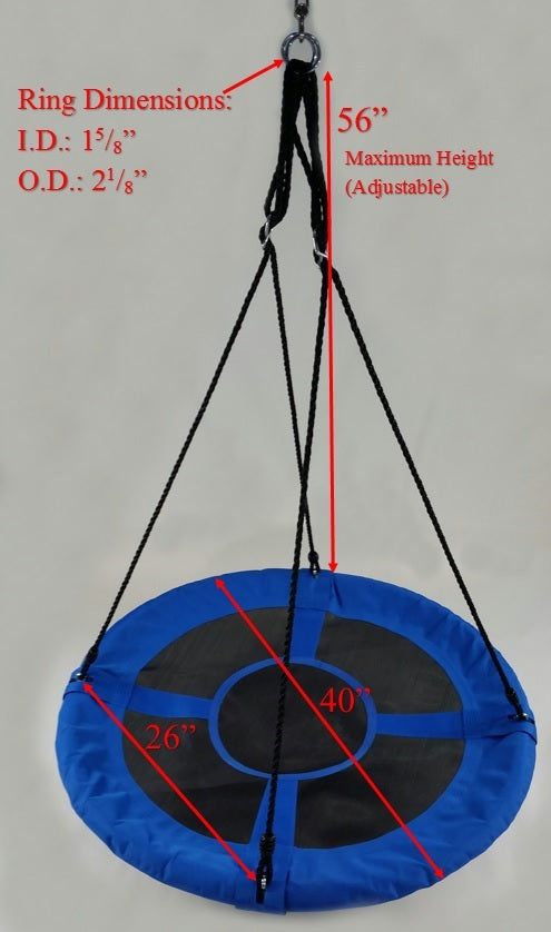 Blue round swing saucer with black mesh center and adjustable black hanging ropes, shown from a slightly elevated angle