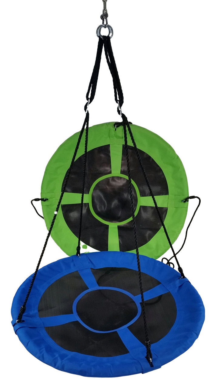 Swing Saucer 40" with adjustable black hanging ropes, round blue and green webbed seat, designed for two children