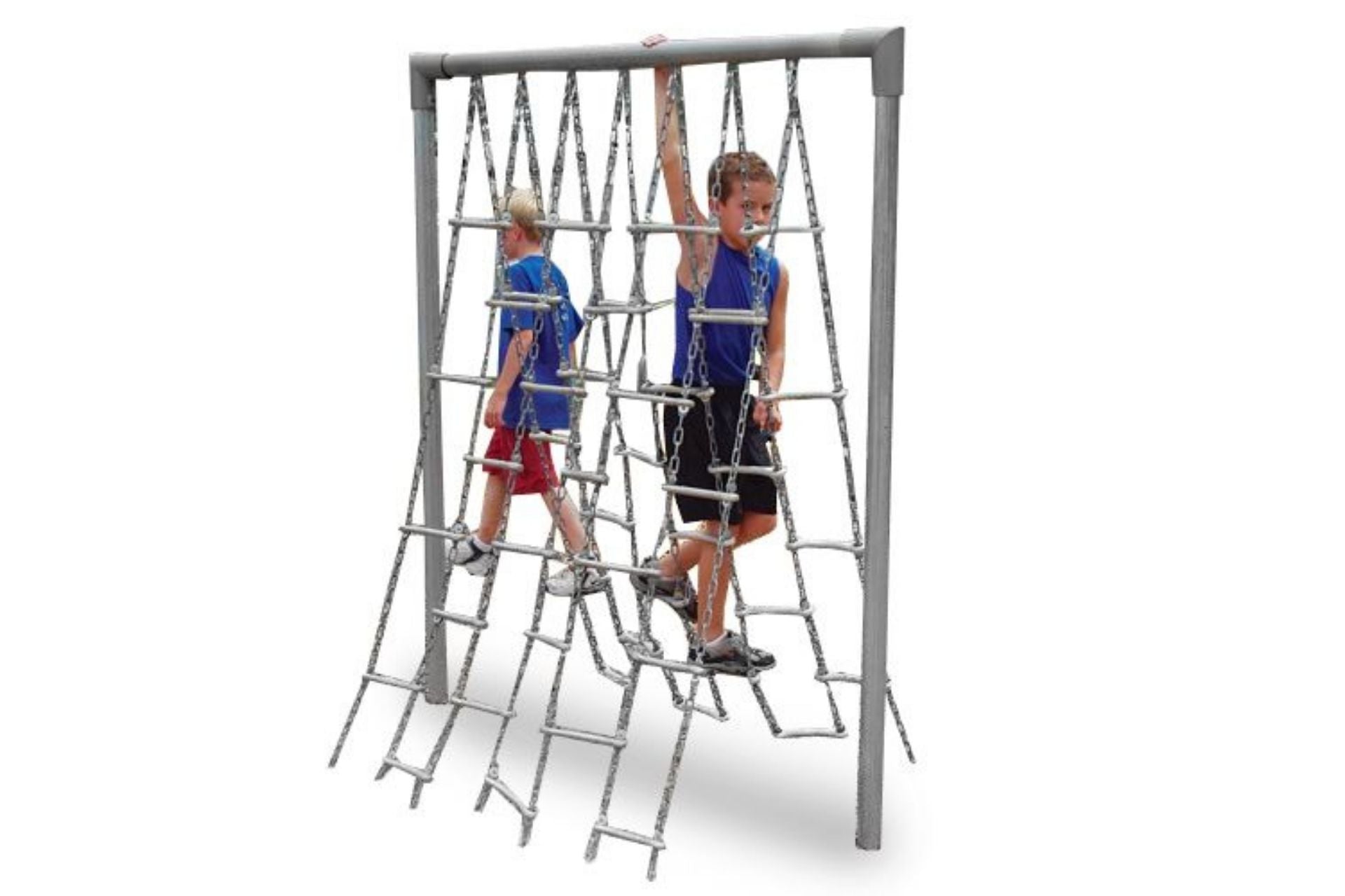 Two children climbing staggered aluminum chain ladders on colorful durable outdoor playground equipment promoting agility and coordination
