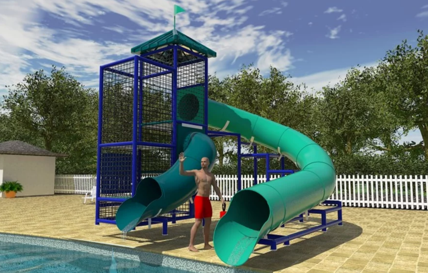 Missouri River Water Slide with two green curved flumes, blue metal frame, and poolside setting with a man in red shorts