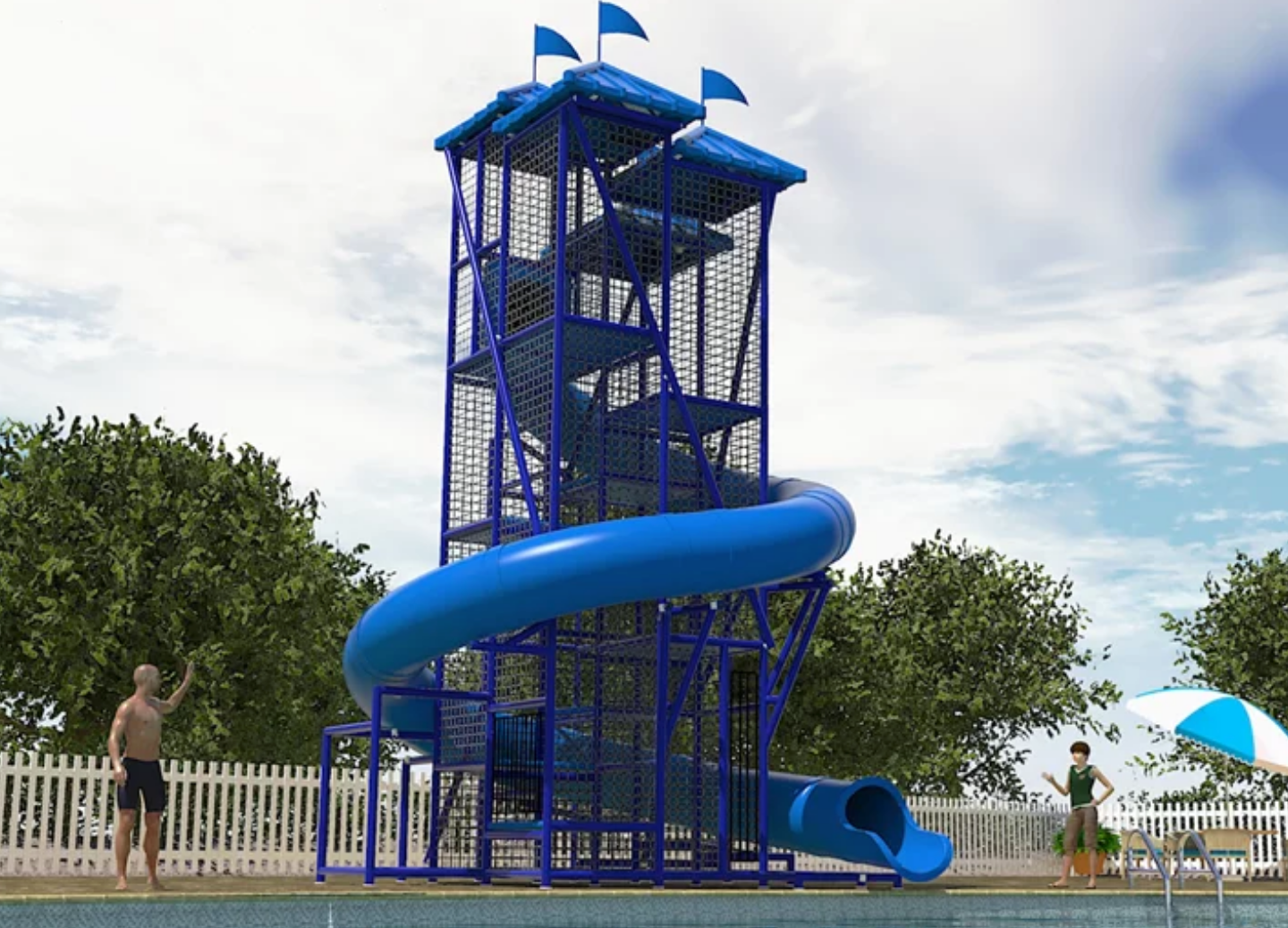 Mediterranean Sea Water Slide, tall blue spiral commercial water slide with safety netting and flags beside a pool and people