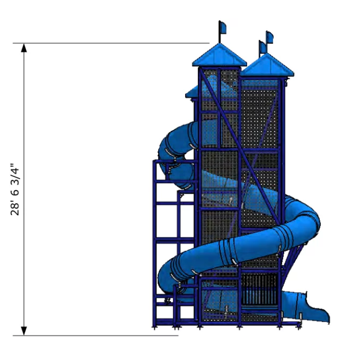 Tall blue spiral water slide with two towers, mesh safety netting, and flags on top, designed for pool or lake areas.