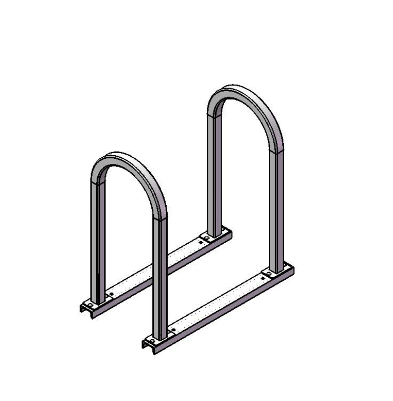 Powder-coated inverted bicycle rack with two square tubing loops and surface mount base