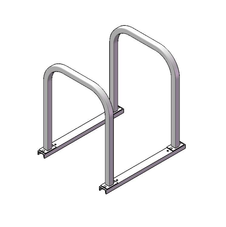 Powder-coated square tubing inverted bike rack with two U-shaped loops and surface mount base