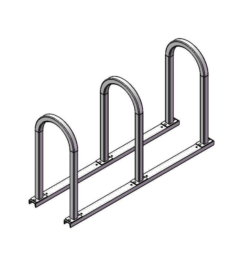 Metal inverted bicycle rack with three arched loops mounted on parallel c-channel rails, powder-coated square tubing finish