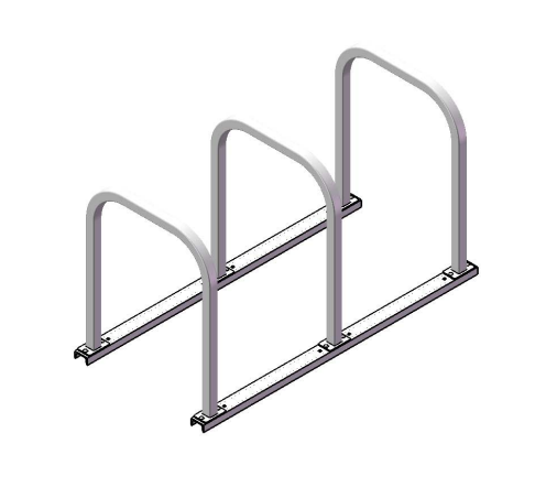 Three-loop inverted bicycle rack with powder-coated square tubing and surface mount base in angled view