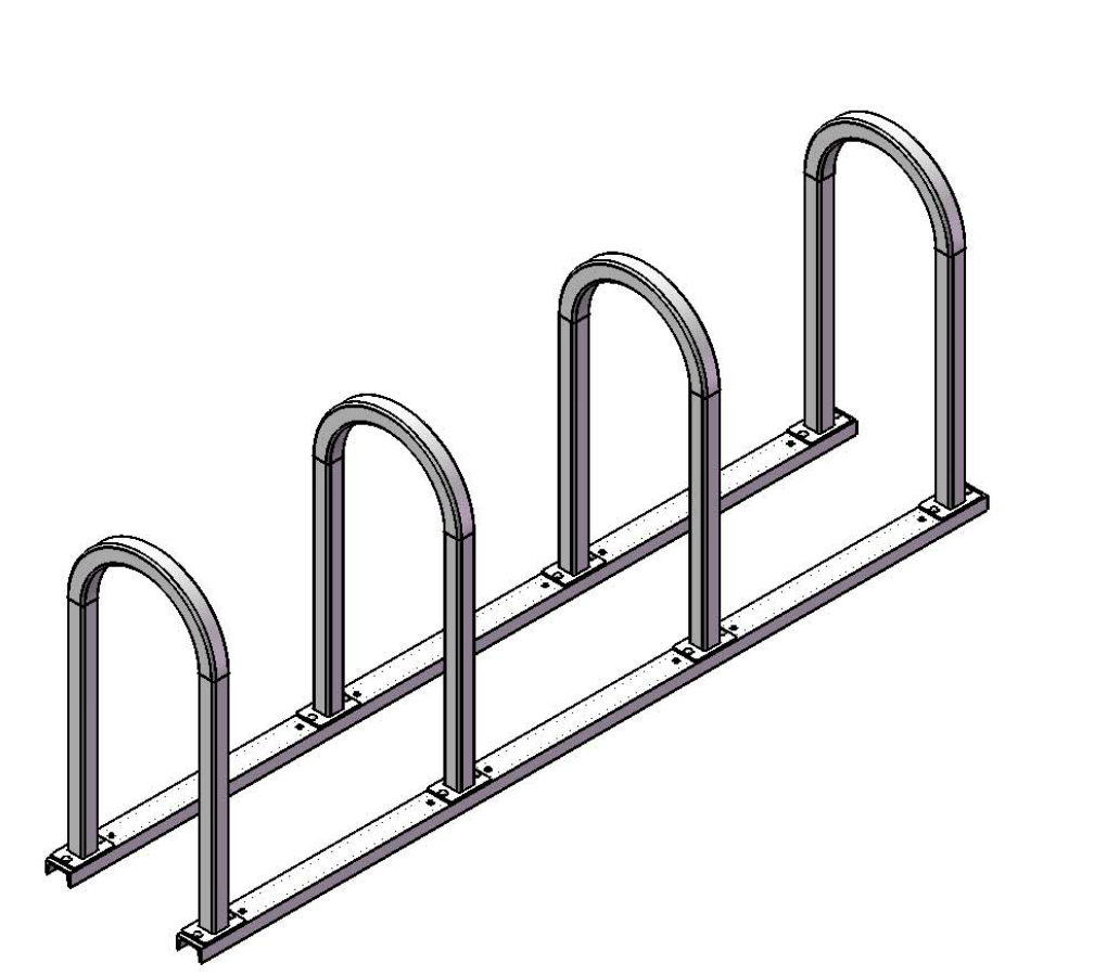 Metal bike rack with four inverted U-shaped loops on parallel powder-coated square tubing rails