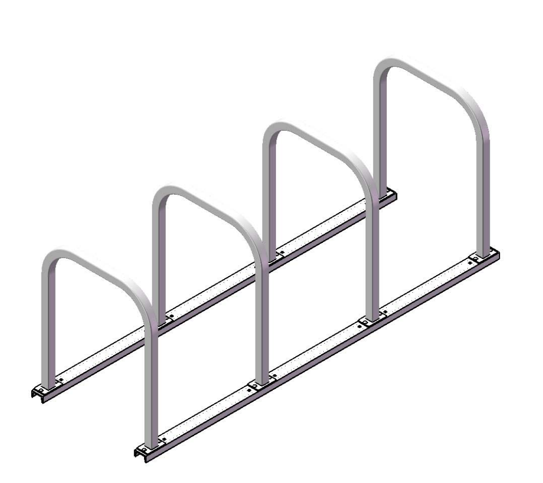 Metal bike rack with four rounded square tubing loops on c-channel rails, powder-coated finish, angled view