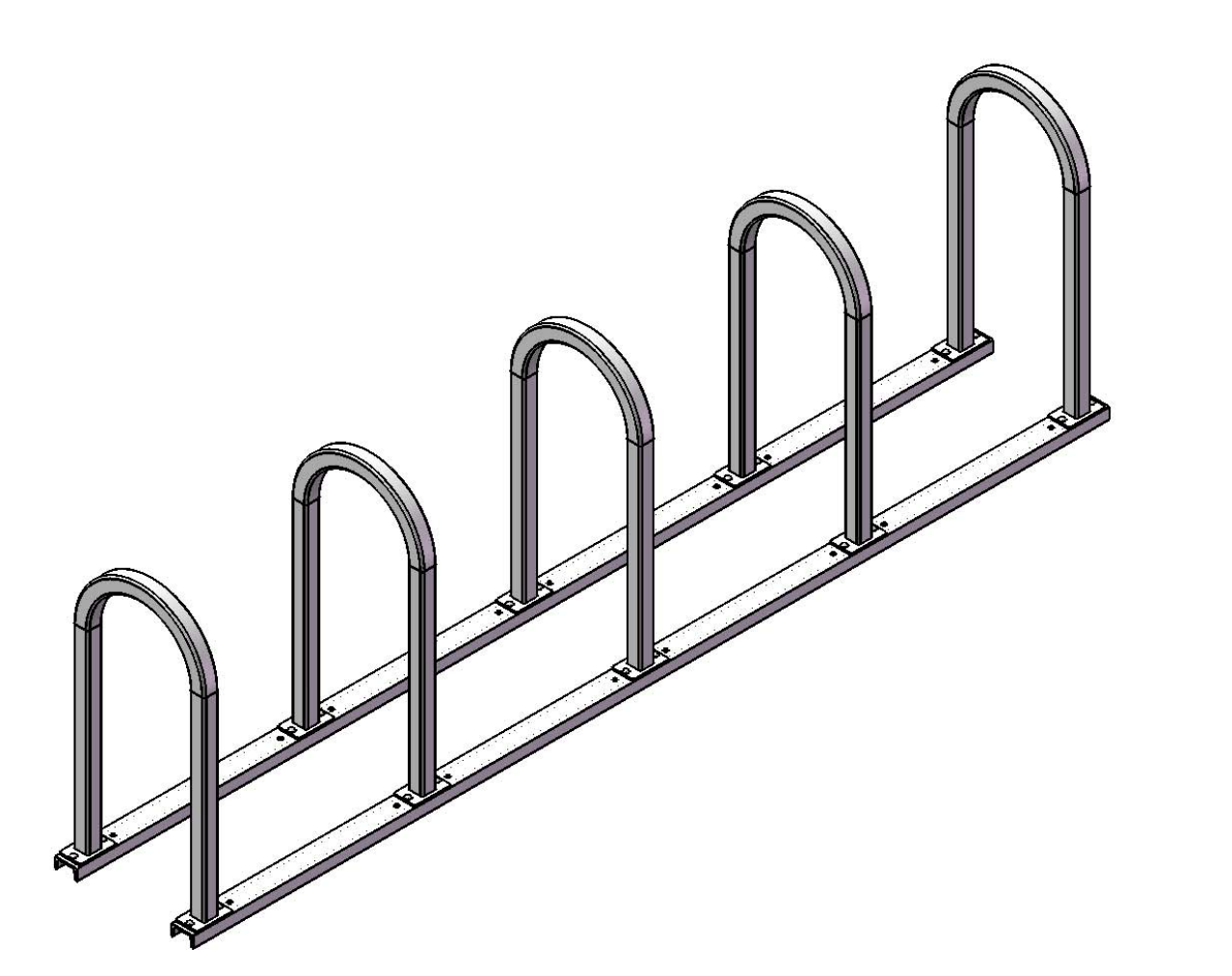 Powder-coated metal inverted bike rack with five arched loops on parallel c-channel rails, angled view