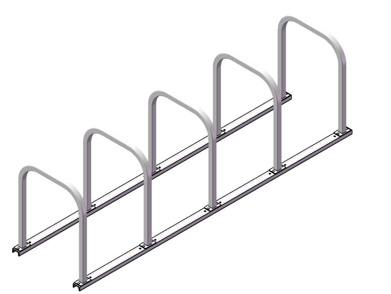 Metal inverted bike rack with five square tubing loops mounted on c-channel rails, powder coated finish