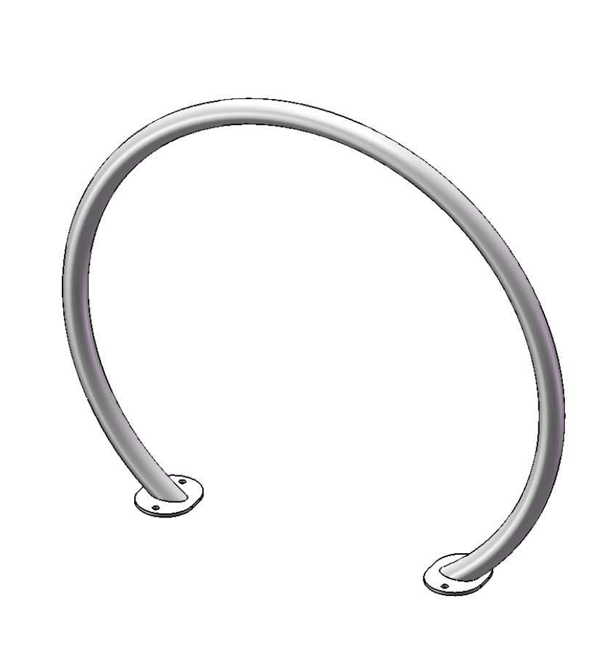 Curved silver metal bike rack with large round tubing and two mounting bases for securing bicycles